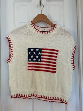 Vici Cream Knit Tank with American Flag and Red Trim